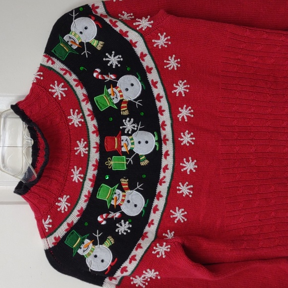 Dressbarn LS Red Cable Knit Mockneck Snowmen Snowflakes Embellished Sweater - Picture 11 of 16
